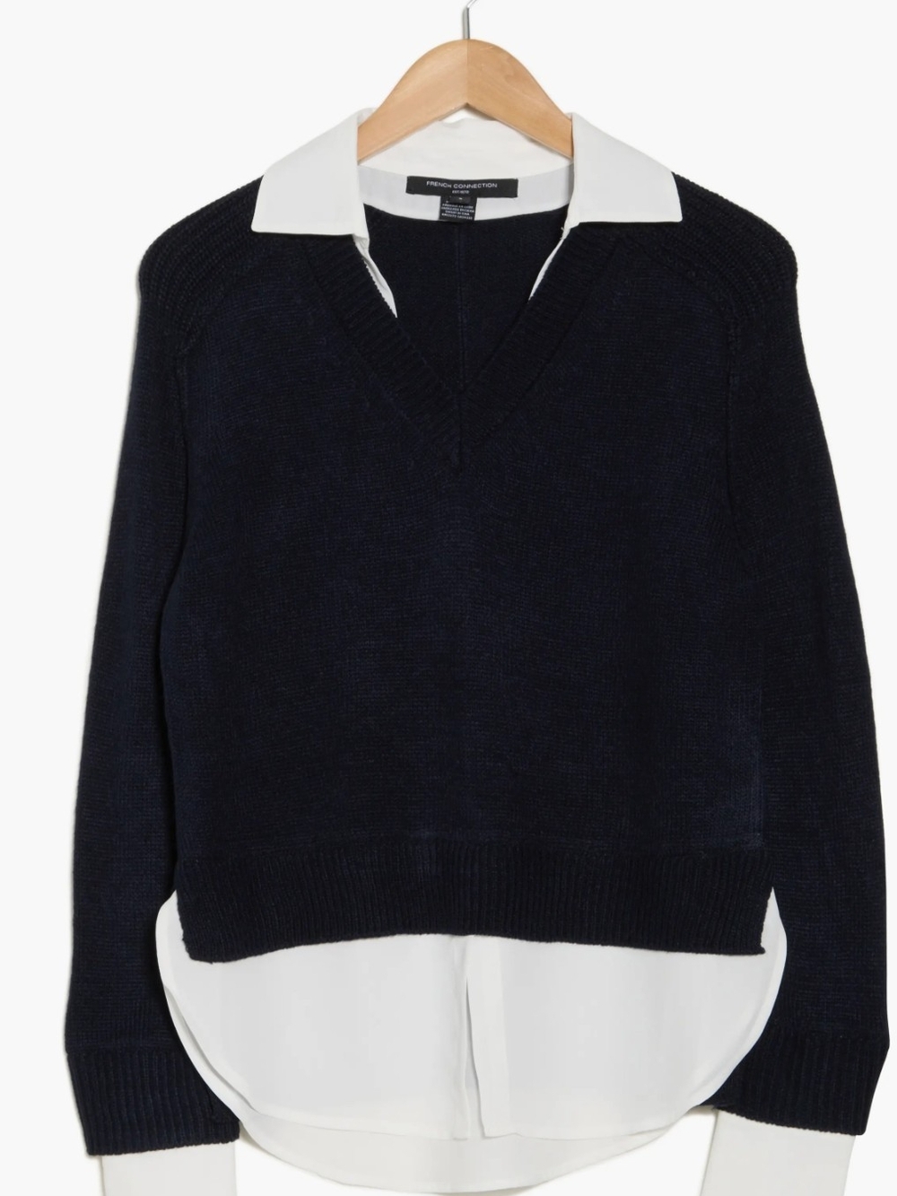 French Connection Navy V-Neck Sweater with White Shirt Detail